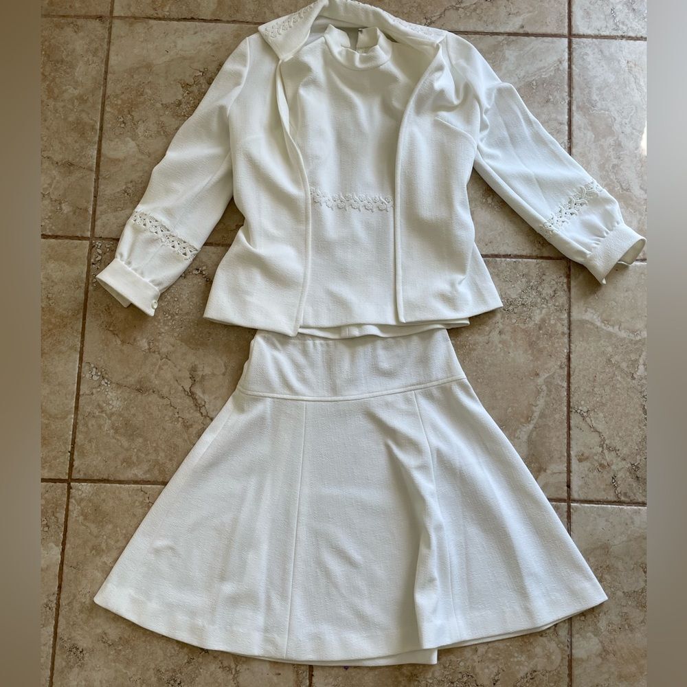 Vintage 60s Handmade Skirt Set Three‎ Piece Jacket Top Eyelet Sz S Off White